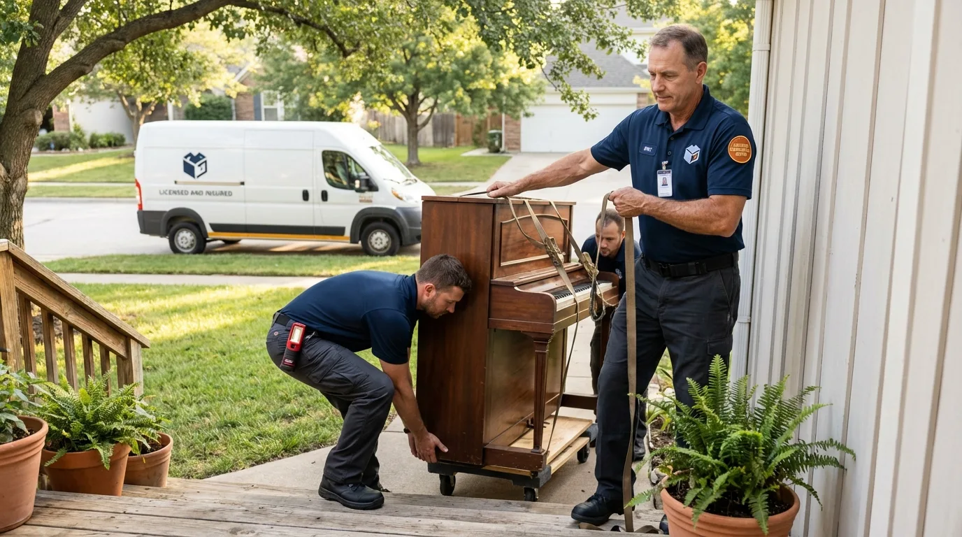 Licensed piano movers securing grand piano in Gladewater, TX