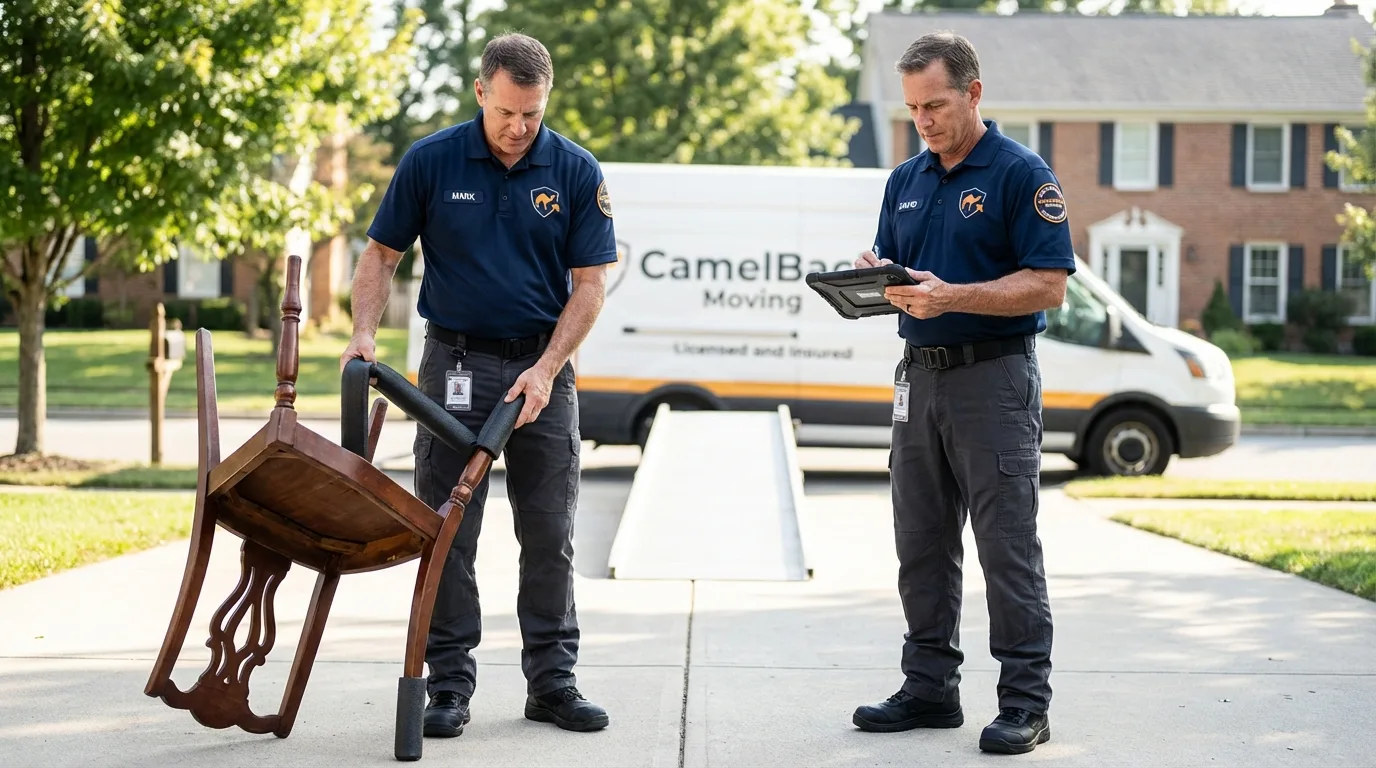 Movers inspecting furniture for damage prevention before loading in Gladewater, TX