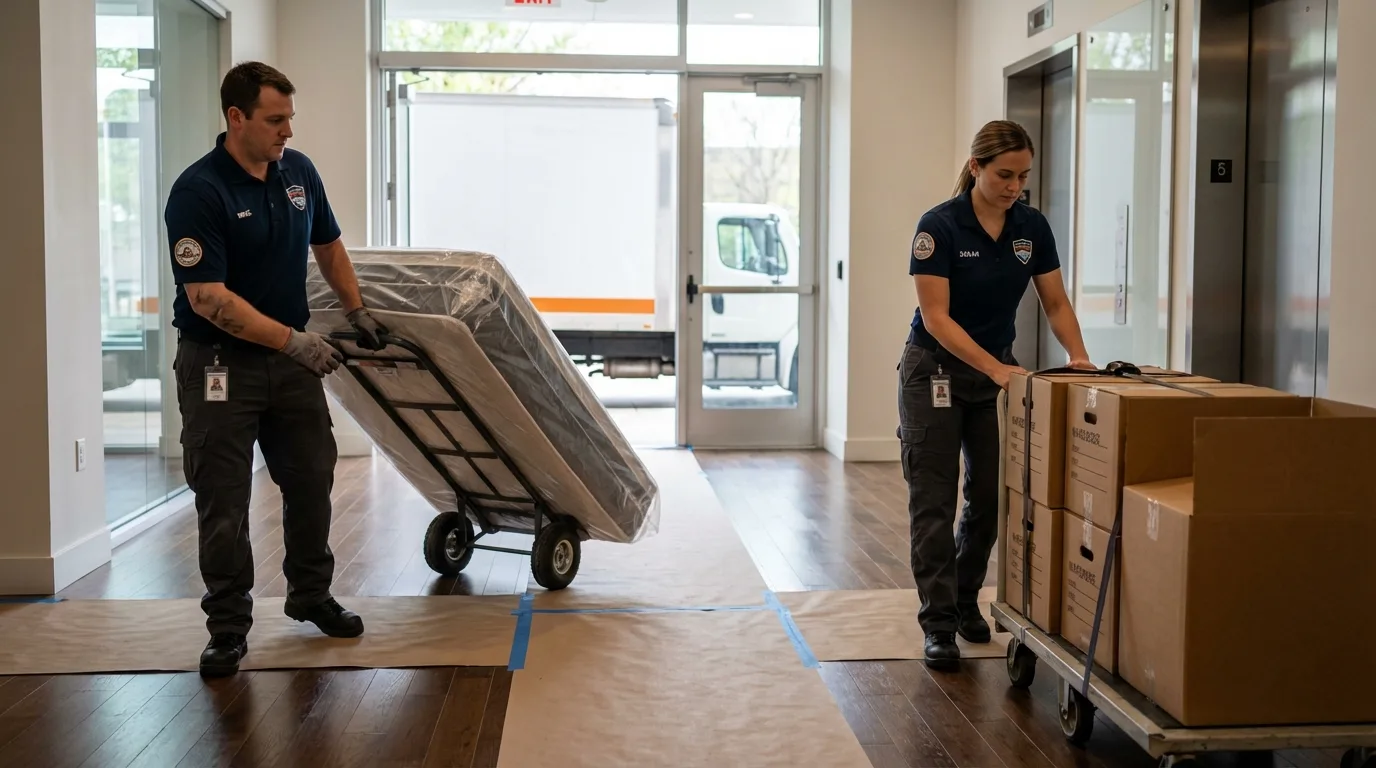 Professional apartment movers loading elevator in Gladewater, TX